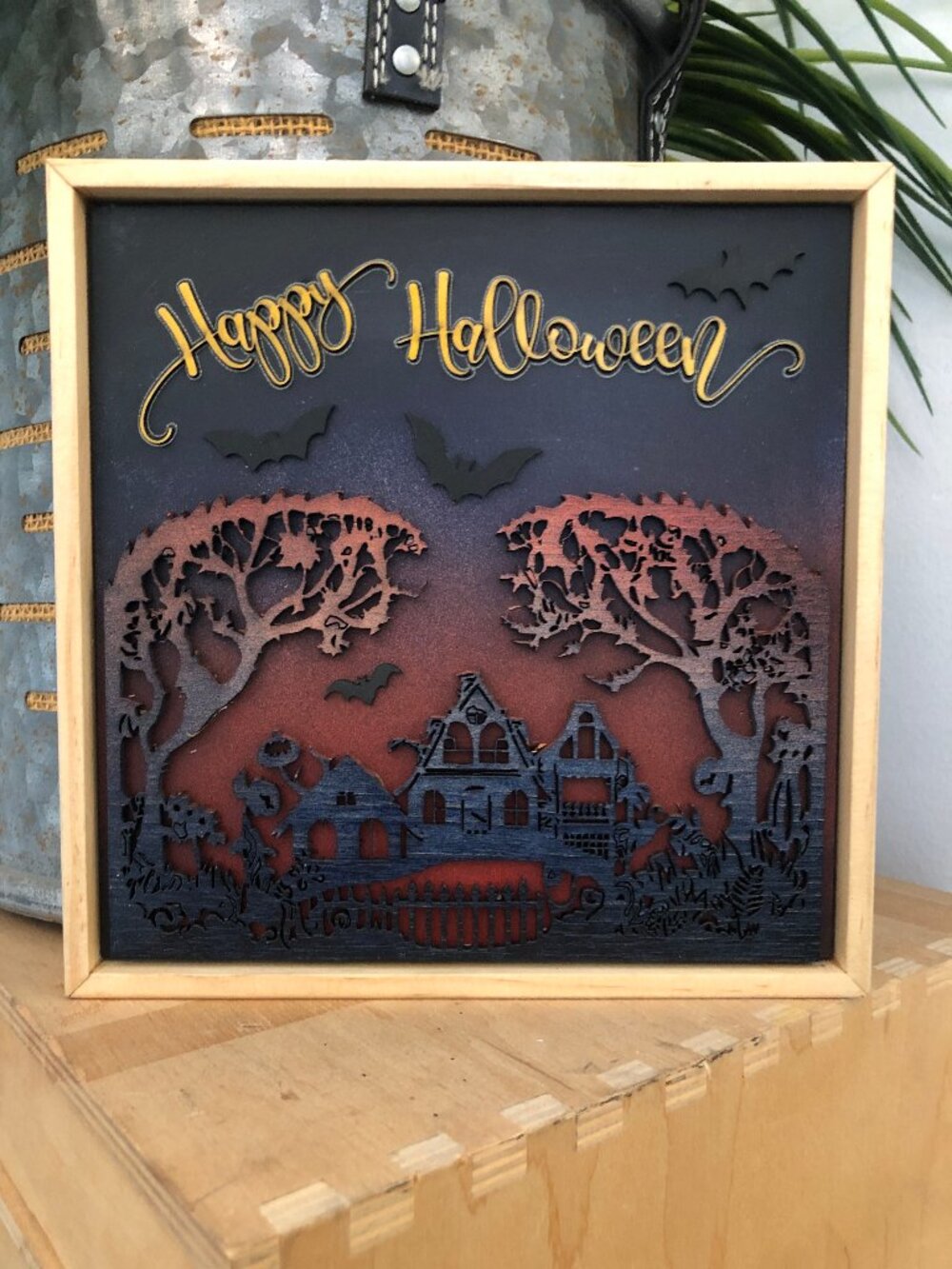 Happy Halloween Hanging Wall Art: Spooky Haunted House, Flying Bats, Handmade